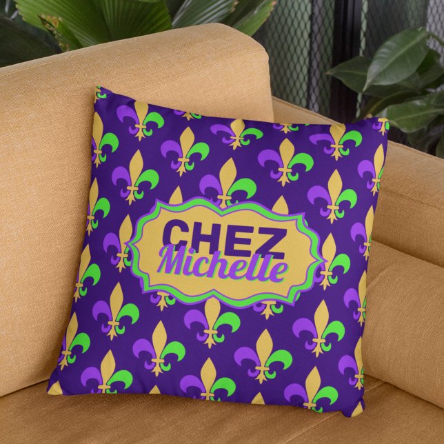 New Orleans Mardi Gras House Party Fleur Your Name Throw Pillow (Photo approximates the 20 inch size of this pillow.)