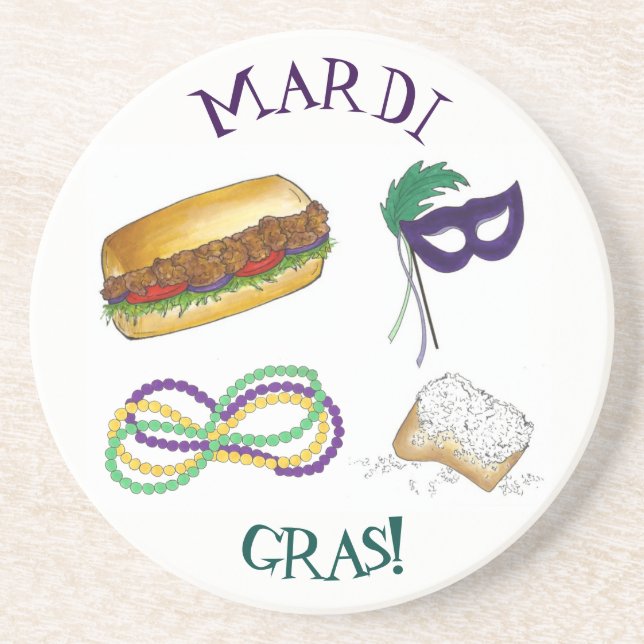 New Orleans Mardi Gras Mask Beads Beignet NOLA Drink Coaster (Front)