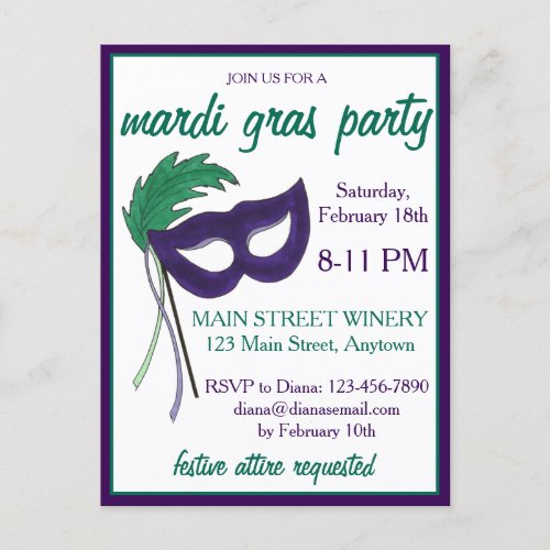 New Orleans Mardi Gras Masquerade Mask Ball Party Invitation Postcard