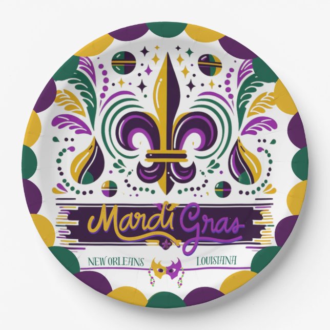 New Orleans Mardi Gras purple yellow green Paper Plates (Front)