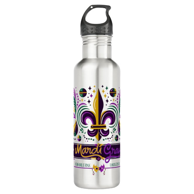 New Orleans Mardi Gras purple yellow green Stainless Steel Water Bottle (Front)