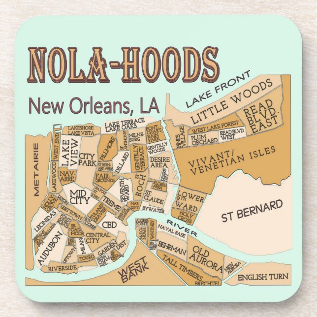 New Orleans Neighborhoods Map, NOLA_HOODS Beverage Coaster (Front)