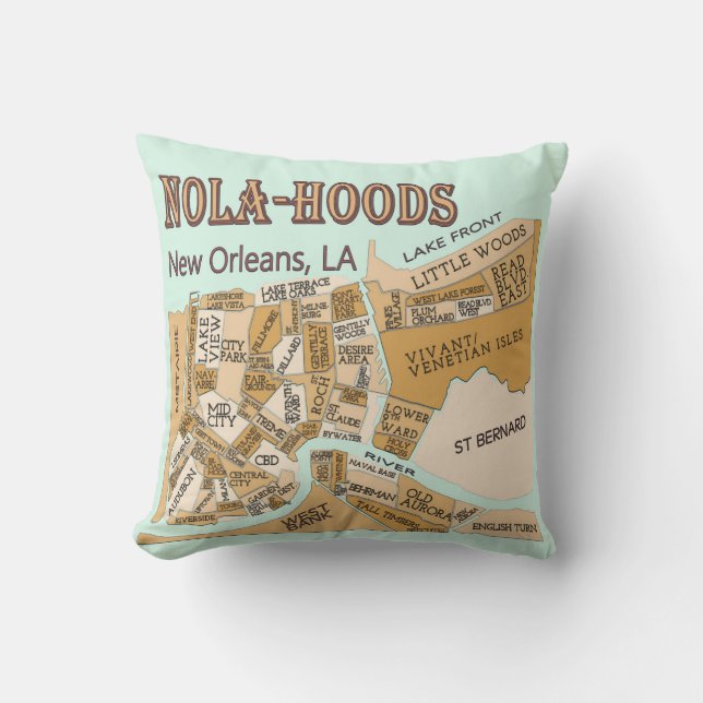 New Orleans Neighborhoods Map, NOLA_HOODS Throw Pillow (Front)