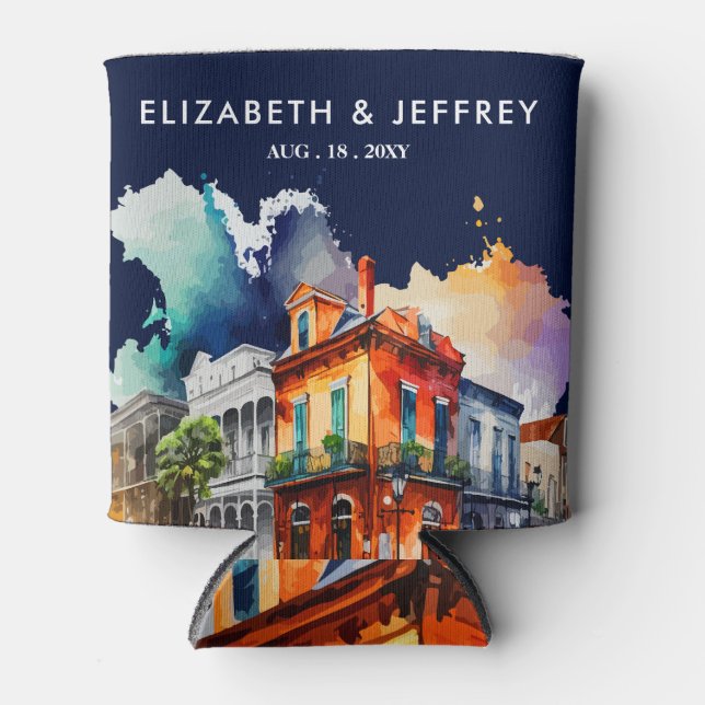 New Orleans Nola Louisiana Wedding Watercolor  Can Cooler (Front)