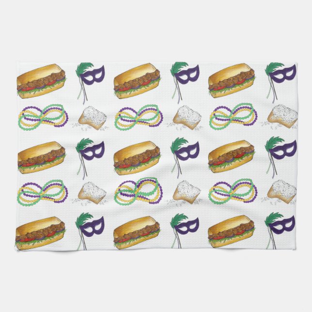New Orleans NOLA Mardi Gras Beads Food Mask Towel (Horizontal)