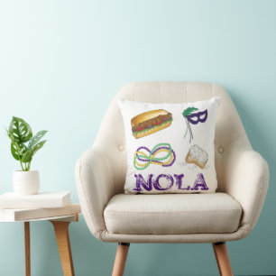 New Orleans NOLA Mardi Gras Beads Food Masquerade Throw Pillow