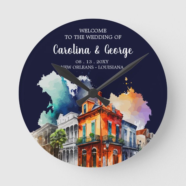 New Orleans Nola - Watercolor  Wedding Welcome Round Clock (Front)