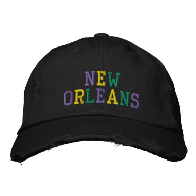 NEW ORLEANS Purple Gold Green Black distressed Embroidered Baseball Cap (Front)