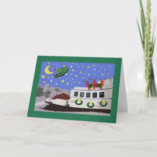 New Orleans River Boat Crawfish Alligator Xmas Holiday Card