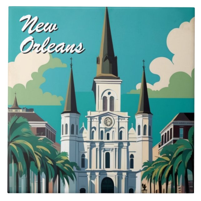 New Orleans St Louis Cathedral Turquoise Blue Ceramic Tile (Front)