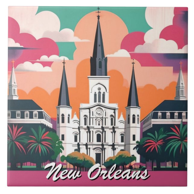 New Orleans St Louis Cathedral Vibrant Sky Ceramic Tile (Front)