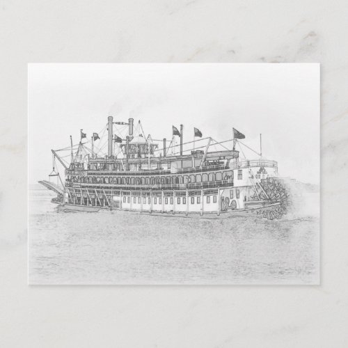 New Orleans Steamboat Black  White Sketch Postcard