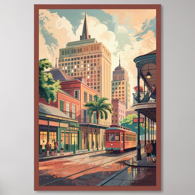 New Orleans Streetcar & Cityscape Framed Art (Framed Front)