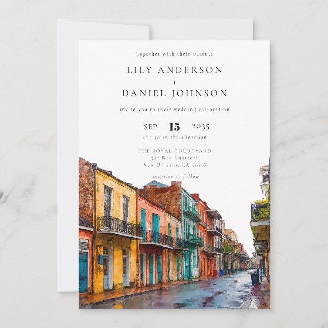 New Orleans Watercolor Elegant Wedding Invitation (Front)