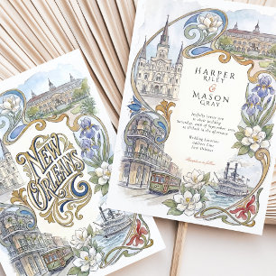 New Orleans Watercolor Landmarks Wedding Invitation
