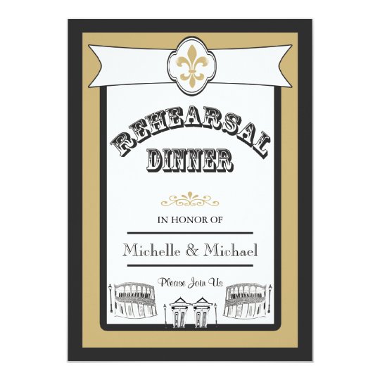 New Orleans Wedding Rehearsal Dinner Black Gold 1 Invitation