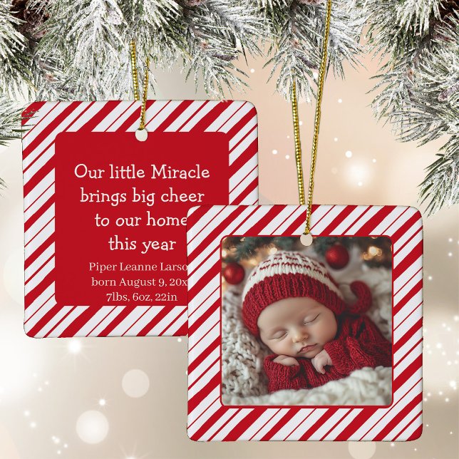 New Parent Baby's First Christmas Photo Peppermint Ceramic Ornament (Creator Uploaded)
