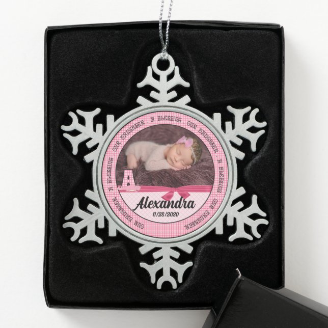 New Parents Baby Girl's Monogram A Snowflake Pewter Christmas Ornament (Box)