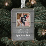 New Parents Expecting Baby Photo Gray Faux Wood Christmas Ornament<br><div class="desc">Celebrate the precious gift of your newest family member with a stylish one photo rectangular metal ornament. Gender neutral design is suitable for a new baby boy or girl. Wording and picture on this template are simple to personalize. (IMAGE DESIGN TIP: To center the photo exactly how you want, crop...</div>