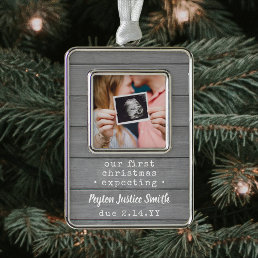 New Parents Expecting Baby Photo Gray Faux Wood Christmas Ornament