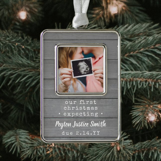 New Parents Expecting Baby Photo Gray Faux Wood Christmas Ornament (Creator Uploaded)