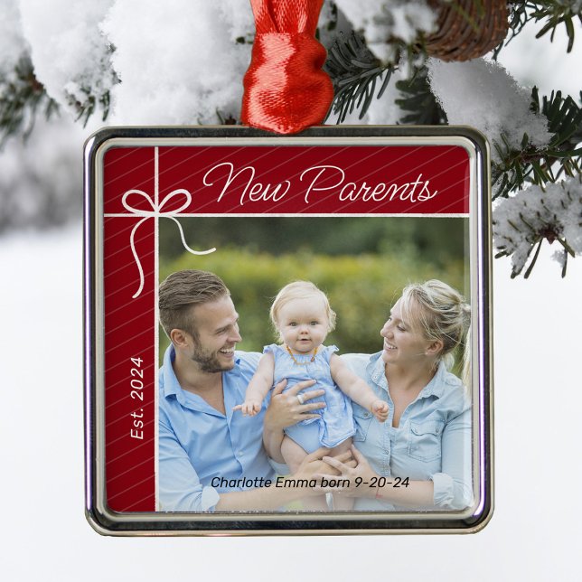 New Parents Family First Christmas Photo Metal Ornament (Creator Uploaded)