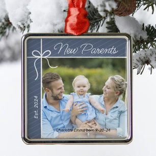 New Parents Family First Christmas Photo Metal Ornament