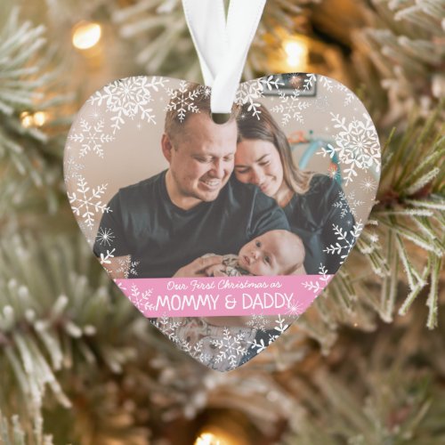 New Parents First Christmas Snowflakes Pink Photo Ornament