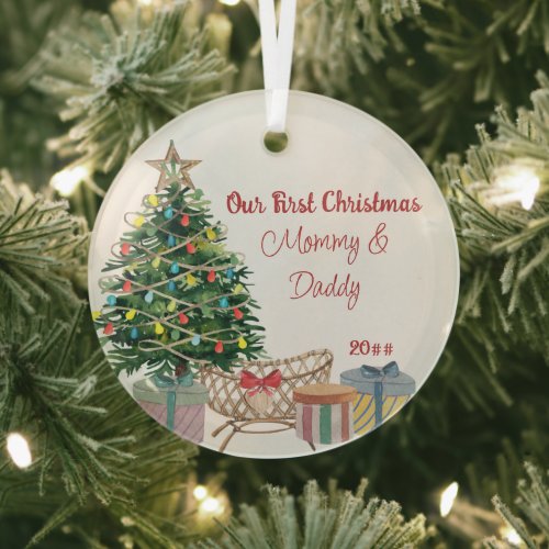 New Parents First Christmas Tree and Crib Glass Ornament