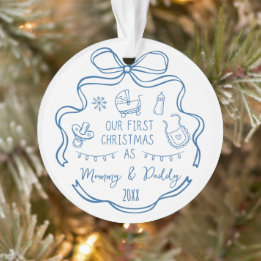New Parents First Christmas Whimsical Blue Doodles Ornament