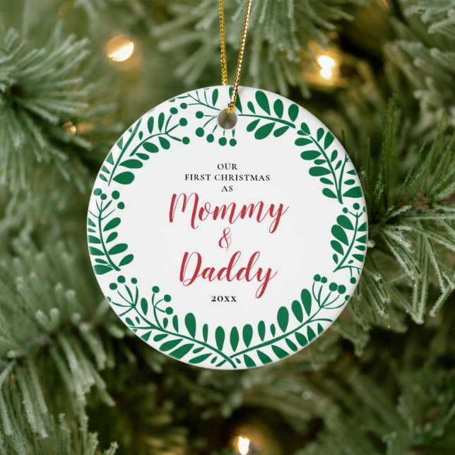 New Parents Personalized 1st Christmas Mommy Daddy Ceramic Ornament (Tree)