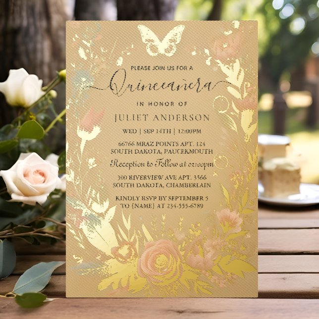 New Pastel Font Dusty Glam Rose Gold Quinceanera Foil Invitation (Creator Uploaded)