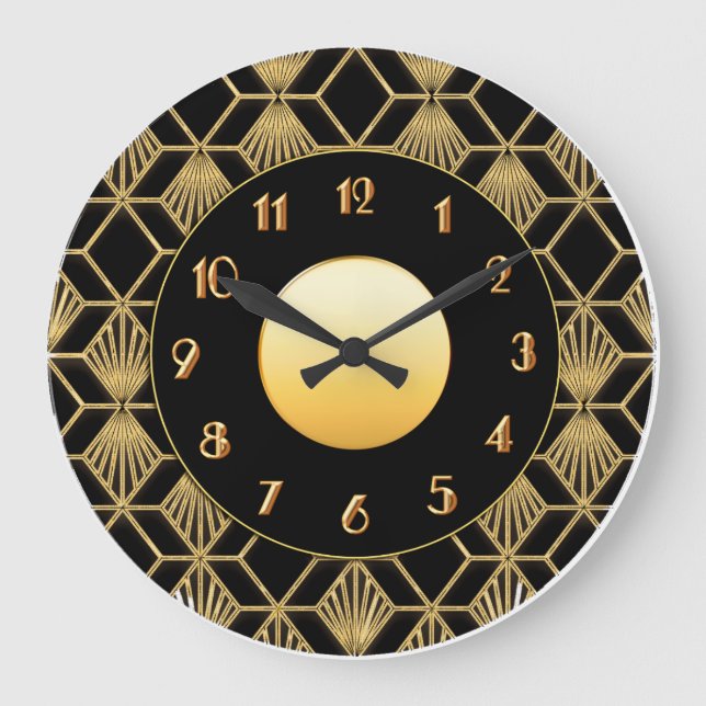 New Patterned Art Deco gold and black Large Clock (Front)