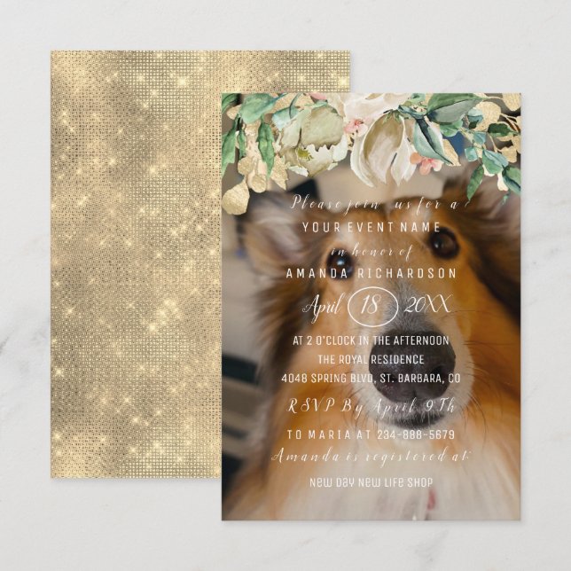 New Pet Dog Photo  Flowers Brunch Spark Gold Invitation (Front/Back)