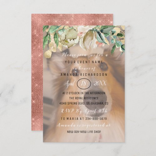 New Pet Dog Photo  Flowers Gold Rose BLush Invitation