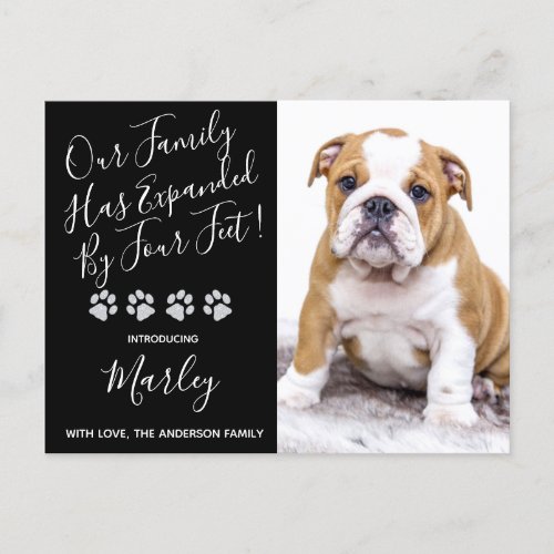 New Pet Family Expanded by Four Feet Puppy Dog Announcement Postcard - Our Family Has Expanded By Four Feet ! Introduce your new little pup with this simple yet elegant black and silver glitter paw print design announcement card for new dog's, and puppies.
Add your pup's favorite photo and personalize with pups name and family name ! Type your personal message to family and friends on the back or delete to handwrite.
Whether a new puppy or an adopted rescue dog, this new pet announcement design is perfect to send to family and friends to welcome a new family pet. COPYRIGHT © 2020 Judy Burrows, Black Dog Art - All Rights Reserved. 
New Pet Family Expanded by Four Feet Puppy Dog Announcement Postcard