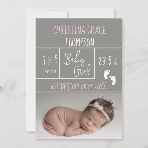 New Pink Birth Stats Baby Girl Birth Announcement