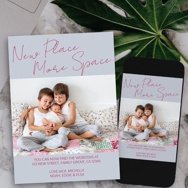 New Place More Space Casual Script Photo Moving Announcement (new place more space photo card available printed or as printable digital download)