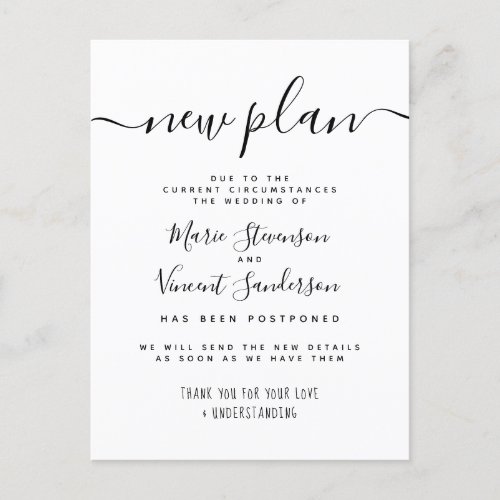 New Plan Black and White Postponed Wedding Invitation Postcard