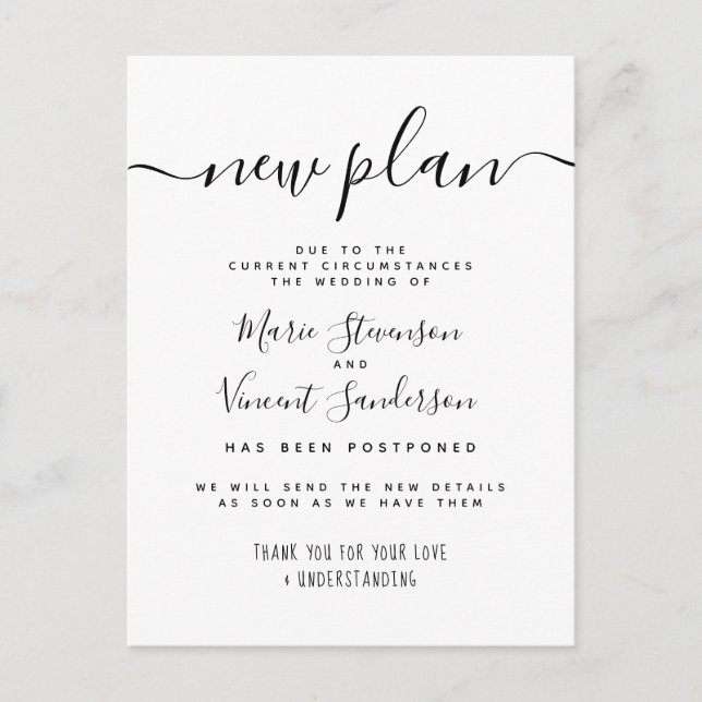 New Plan Black and White Postponed Wedding Invitation Postcard (Front)