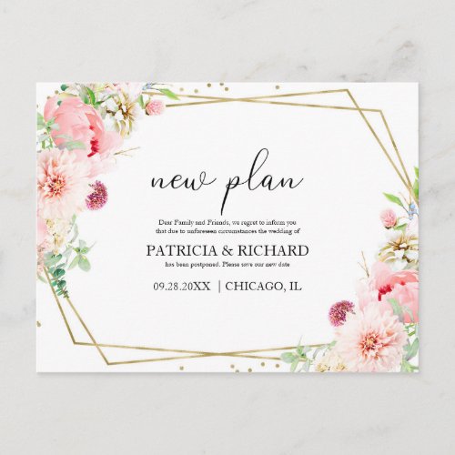 New Plan Elegant Blush Floral Geometric Wedding Postcard