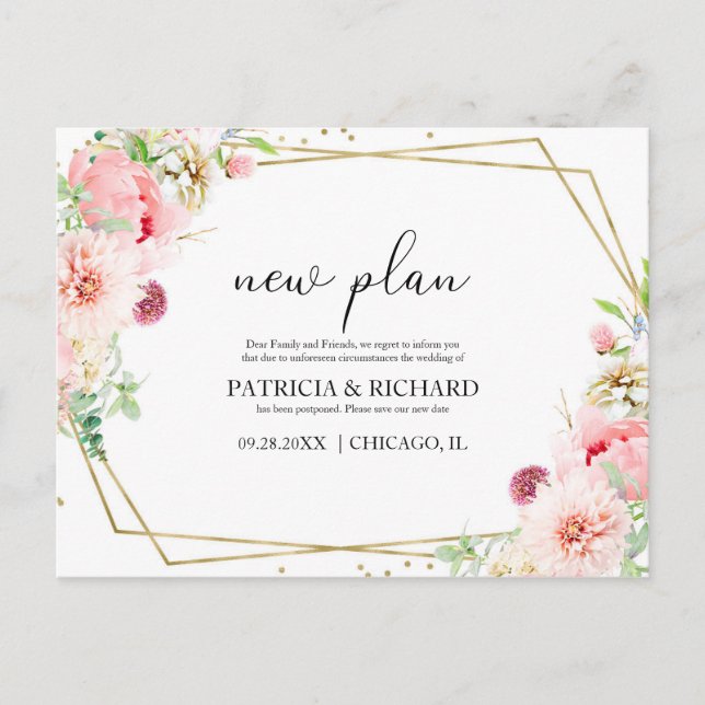 New Plan Elegant Blush Floral Geometric Wedding Postcard (Front)