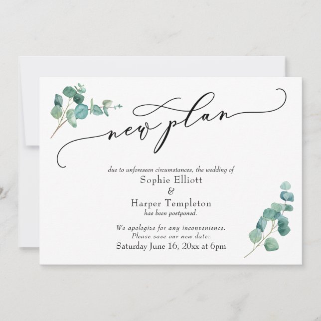 New Plan Eucalyptus Postponed Wedding Announcement (Front)