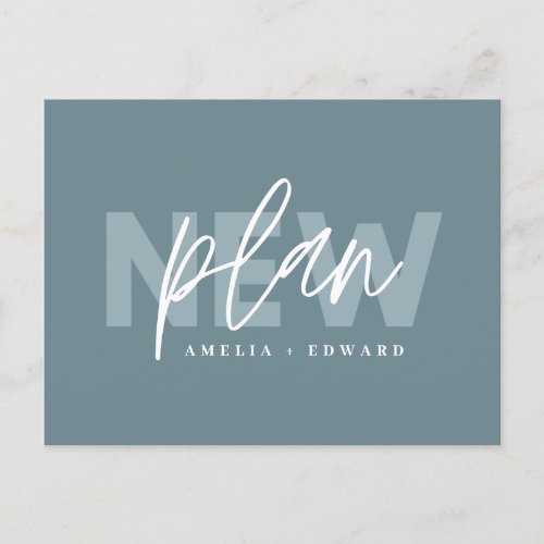New plan modern typography wedding change the date announcement postcard