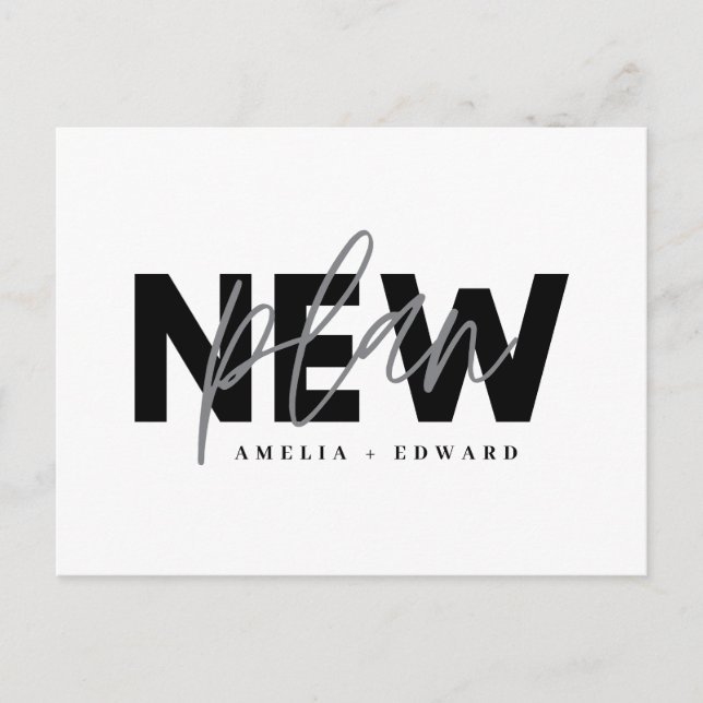 New plan modern typography wedding change the date announcement postcard (Front)
