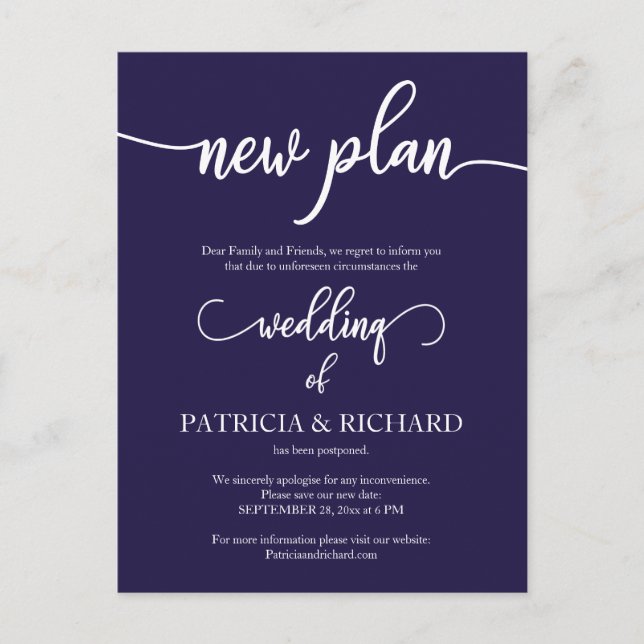 New Plan Postponed Wedding Announcement Navy Blue Postcard (Front)