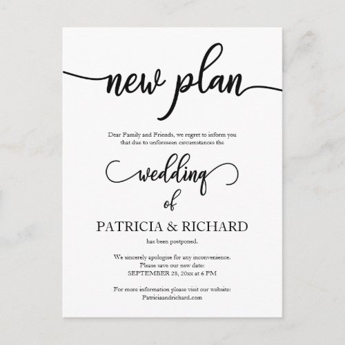 New Plan Postponed Wedding Announcement Postcard