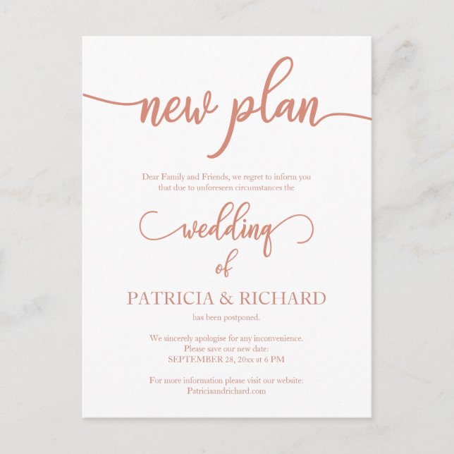 New Plan Postponed Wedding Announcement Rose Gold Postcard (Front)