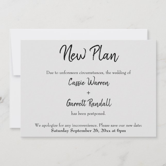 "New Plan" Postponed Wedding Black on Gray Card (Front)