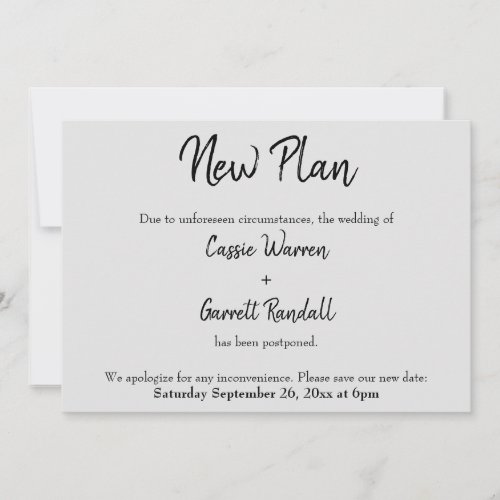 New Plan Postponed Wedding Black on Gray Card